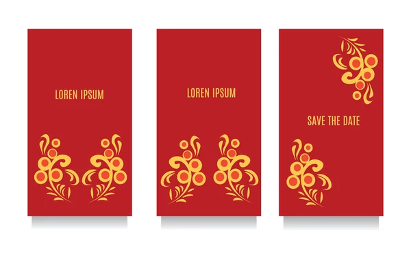 Plantillas decorativas para invitaciones, saludos, tarjetas de visita y vales en estilo floral khokhloma con fondo rojo — Vector de stock