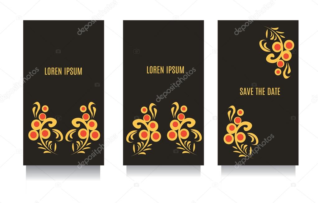 Decorative templates for invitations, greeting, visit cards and vouchers at khokhloma floral  style with black background