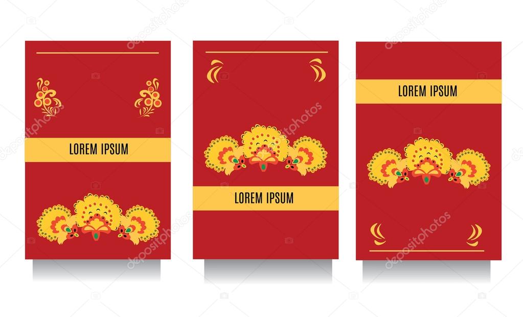 Decorative templates for invitations, greeting, visit cards and vouchers at khokhloma floral  style with red background