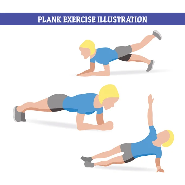 Illustration of woman doing plank exercises in different ways — Stock Vector