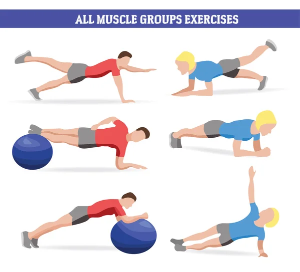 Illustration de tous les exercices de groupes musculaires avec balle de fitness et planche — Image vectorielle