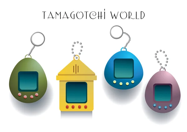 Colección de cuatro juegos de tamagotchi diferentes aislados sobre fondo negro — Archivo Imágenes Vectoriales