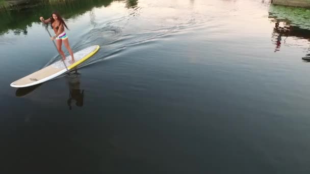 Aereo tiro SUP sci da tavolo. Fiume Dnipro Ucraina. Tramonto — Video Stock