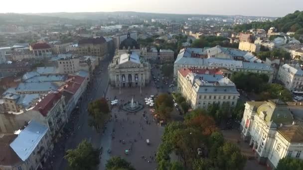 Aerial Old City Lviv, Ukraine. Central part of old city. European City. Densely populated areas of the city. Town hall — Stock Video