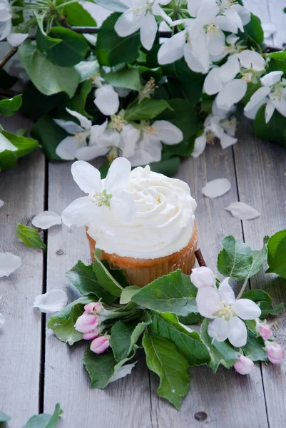 Cupcakes mit Buttercreme und Frühlingsblumen — Stockfoto