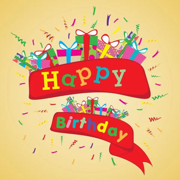 Happy birthday with colorful gift on yellow background. Vector Happy birthday on party background. — Stockvector