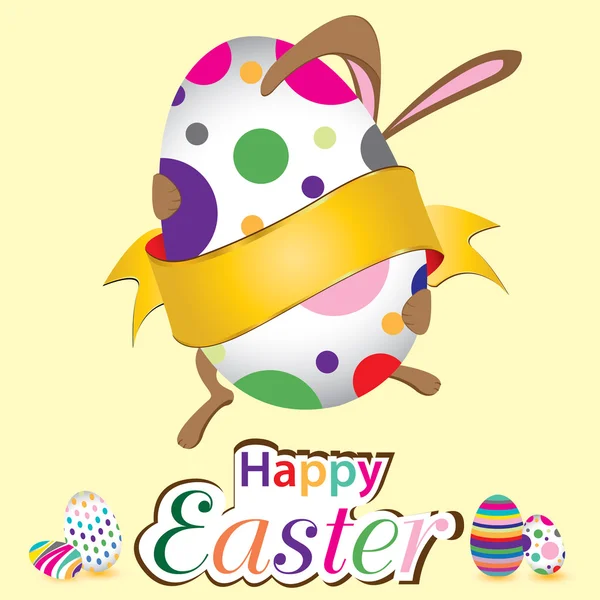 Happy Easter bunny with big egg. Little gift at Easter. Vector Easter day on yellow background. — Stock Vector