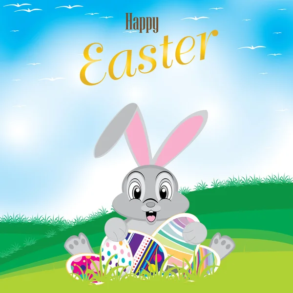 Easter bunny with colorful egg. Easter eggs on the meadow And a beautiful sky. Happy Easter Day. — Stock Vector