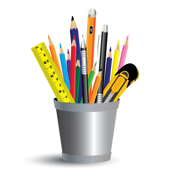 Malwerkzeug im Büro isoliert auf weißem Hintergrund. Buntstift, Stift und Lineal im Büro ein ganzes Set. — Stockvektor