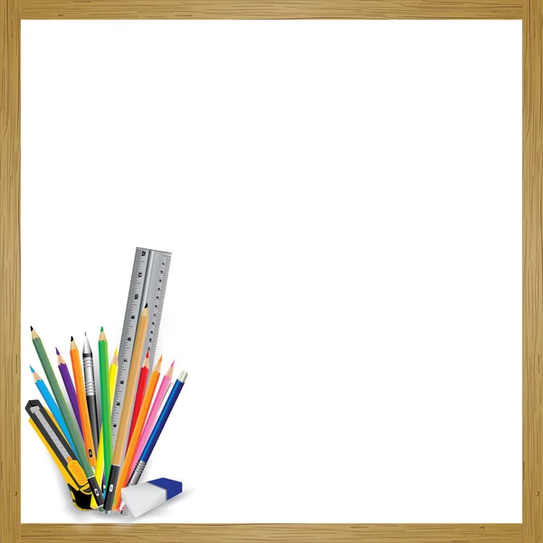 Borad branco e ferramenta de objeto para artigos de escritório e escola. Lápis com borracha e régua sobre um fundo branco. Ilustração vetorial . — Vetor de Stock