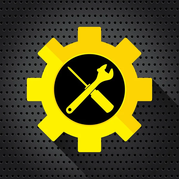 Objekt-Werkzeug-Symbol. Schraubenschlüssel mit Schraubenzieher auf einem Stahlkreis perforierten Textur Hintergrund. — Stockvektor