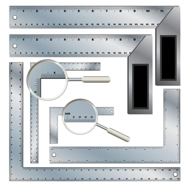 Conjunto de réguas isolado sobre fundo branco. Conjunto de regras do transferidor. viga de aço e quadrado de carpinteiro isolado em fundo branco. Projeto da ferramenta de objeto em um fundo branco . — Vetor de Stock