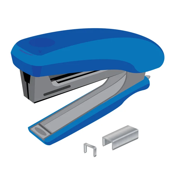 Nietmachine en nietjes. Nietmachine en staples geïsoleerd op een witte achtergrond. Gereedschap object. Object bedrijfshulpmiddel. — Stockvector