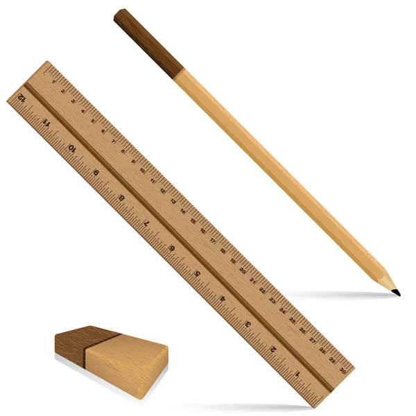 Χάρακα μολύβι και γόμα σε μια ξύλινη σχέδιο. Χάρακα και το μολύβι με γόμα για ξύλινα υφή που απομονώνονται σε λευκό φόντο. Εργαλείο αντικειμένου. — Διανυσματικό Αρχείο