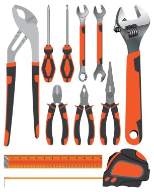 Nesne araç. Beyaz arka plan üzerinde izole bir portakal ve dark Grey pense anahtarı ve tornavida ile. Aracı hizmeti.