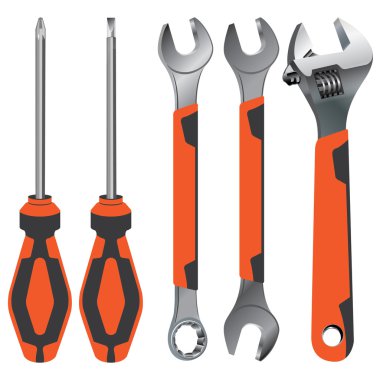 El aracı. İngiliz anahtarı ve tornavida turuncu ve dark Grey. Beyaz arka plan üzerinde izole El aracı.