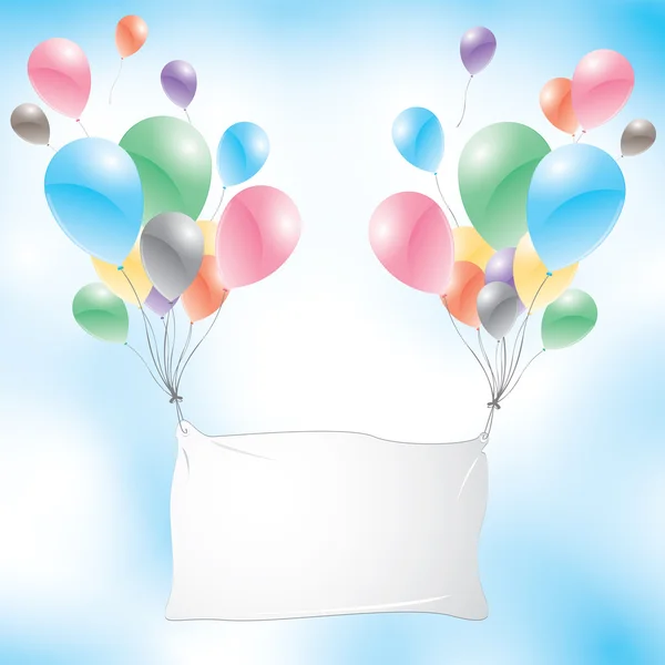 Luftballons mit weißem Schild vor blauem Himmel. Bunte Luftballons. — Stockvektor