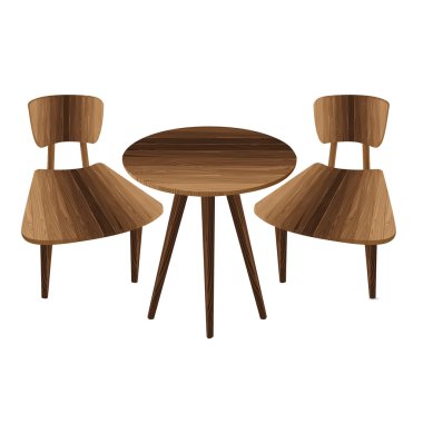 Tablo ve beyaz zemin üzerine iki sandalye. Ahşap mobilya. Tablo ve dışkı.