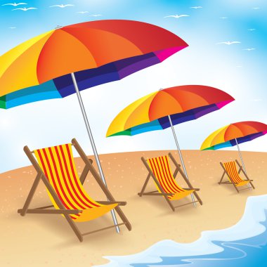 Yaz plaj tatil. Deniz kıyısı plaj şemsiyesi ve sandalye ile. Beach tatil yaz arka plan.