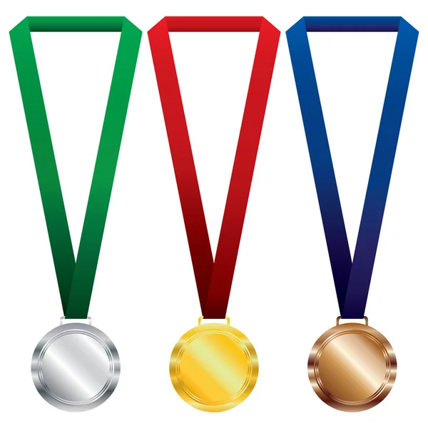 Üç madalya ayarlayın. Altın, gümüş ve bronz kırmızı kurdele ve yeşil, mavi şerit.