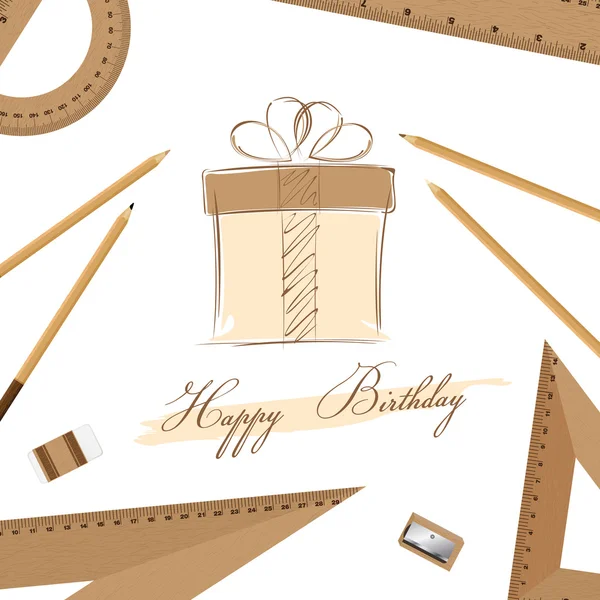 Mutlu doğum günü ve hediye kutusu beyaz kartı arka plan üzerinde kroki tasarımı için. — Stok Vektör