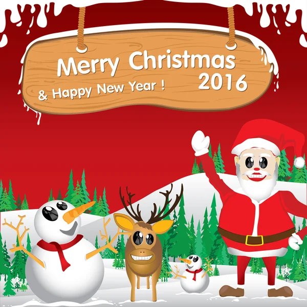 Mutlu Noeller ve mutlu yeni yıl 2016. Noel Baba ve Ren geyiği. Beyaz kar ve Noel ağacı kırmızı zemin üzerine.