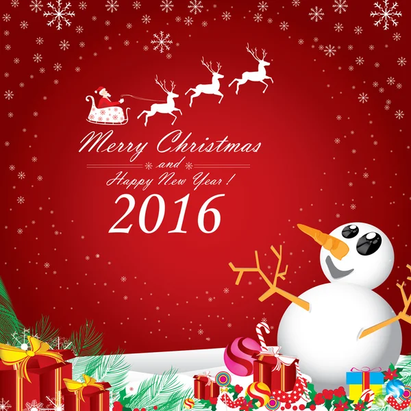Feliz Natal e Feliz Ano Novo 2016. Dois boneco de neve no inverno no fundo vermelho . — Vetor de Stock