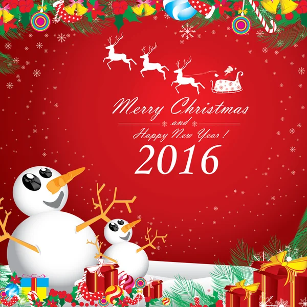 Feliz Natal e Feliz Ano Novo 2016. Dois boneco de neve no inverno no fundo vermelho . — Vetor de Stock