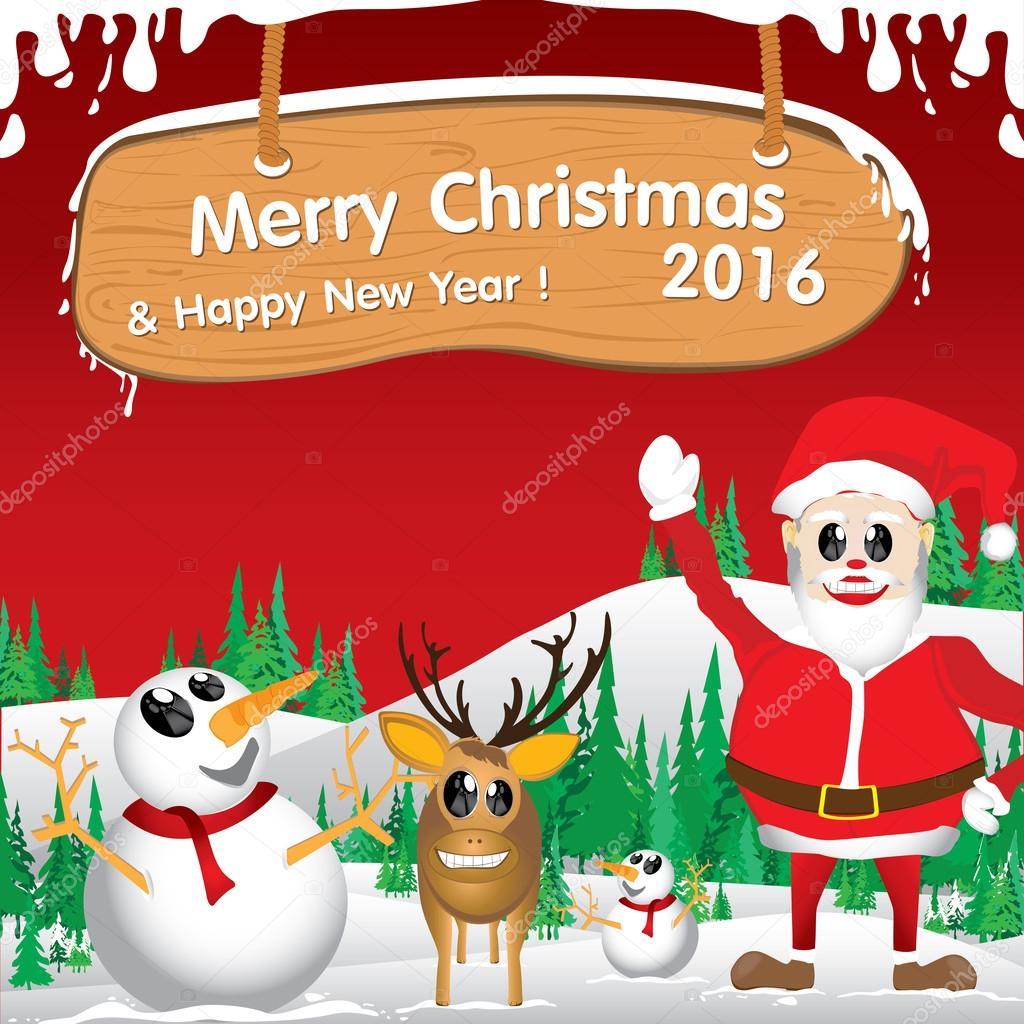 Merry Christmas and Happy New Year 2016. Santa Claus and reindeer. The white snow and Christmas tree on red background.