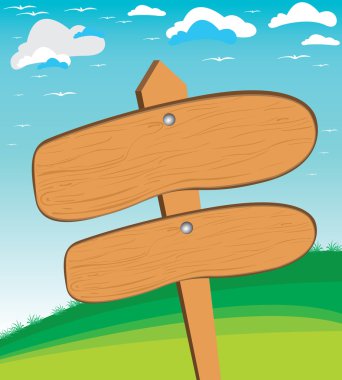 Güzel bir kırsal manzara ve ahşap bir işareti vektör çizimi. Dağ ve gökyüzü arka plan üzerinde ahşap doku.