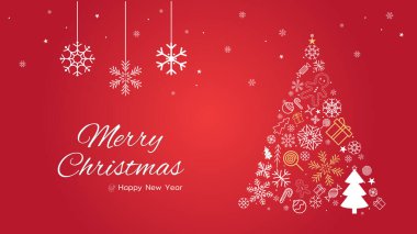 Güzel kırmızı Noel arka planında ikonlardan ve kar tanelerinden yapılmış dekoratif bir ağaç var. Bayram kutlamaları ve vektör illüstrasyonları için mükemmel.