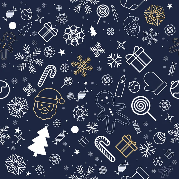 Donanma arka planında beyaz ve altın rengi Noel sembolleri bulunan dekoratif, pürüzsüz desenler, tatil tasarımı için mükemmel, vektör çizimi