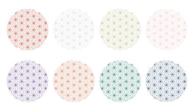 Değişik pastel ve koyu renklerde sekiz dairesel Asanoha deseninin toplanması, geleneksel Japon geometrik tasarımı, vektör çiziminden esinlenilmiştir.