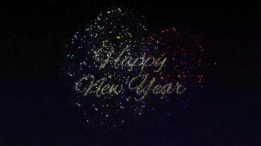 Animasyon Havai fişekler aydınlatsın ve mutlu yeni yıl mektupları gece gökyüzünde ışıl ışıl altın arkaplansın