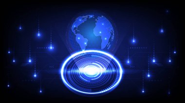 Küresel bağlantı, veri akışı ve gelişmiş teknolojiyi temsil eden mavi renkte parlayan dijital dünya ve holografik HUD arayüzü