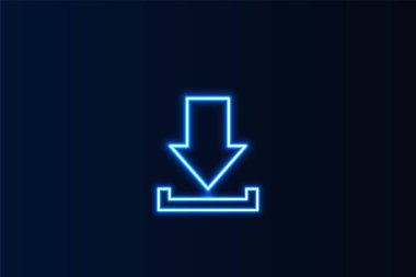 Koyu arkaplanda veri transferi ve dijital erişimi temsil eden parlak mavi neon indirme oku sembolü