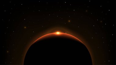 Parlak turuncu bir gün doğumu kozmik arkaplanda dağınık yıldızlarla karanlık bir gezegen ufkunda beliriyor.