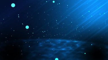 Yumuşak mavi ışınlar ve parlayan parçacıklar animasyonu, dijital veya tasarım için ideal soyut bir arkaplan oluşturur