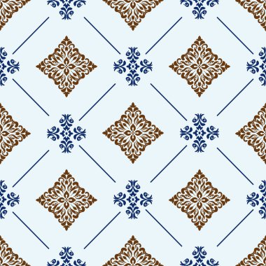 Dekoratif tasarım için ideal simetrik motifler ve temiz geometrik aralıklarla klasik mavi ve kahverengi damaske deseni