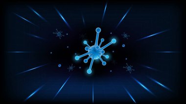Karanlık gelecekteki uzayda yüzen soyut 3D virüs yapısı, enfeksiyonu, mikrobiyolojiyi ve tıp bilimini simgeliyor.