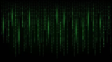 Siyah arkaplana düşen soyut yeşil ikili kod, fütürist teknoloji, veri akışı, siber ve dijital konsept