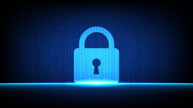 Koyu mavi ikili kod arka planında parlayan asma kilit simgesi veri koruması, siber güvenlik ve çevrimiçi mahremiyeti simgeliyor