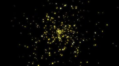 Merkezden yüzen sarı ve turuncu bir üçgenin animasyonu siyah arkaplan, gelecekteki yüksek teknoloji parçacıklarına karşı izole edilmiş.