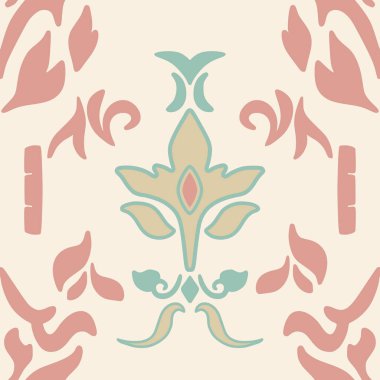 Zarif, pürüzsüz desenli, el çizimi etnik çiçek motifli, pastel pembeli ve kremalı.