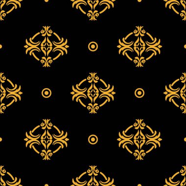 Zarif, pürüzsüz vektör deseni. Altın çiçekli kumaş motifler ve birinci sınıf siyah arka planda daireler.