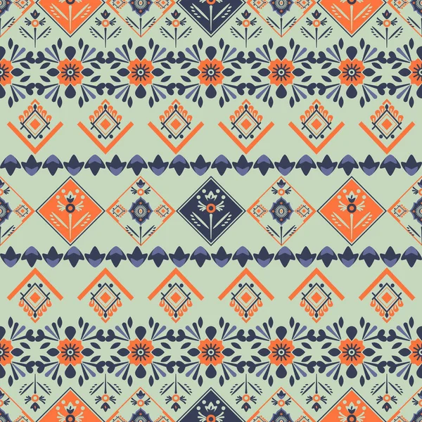 Geleneksel Filistin nakış tarzı turuncu çiçekler ve yeşil arka planda geometrik şekiller içeren pürüzsüz desen