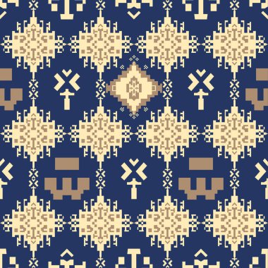 Geleneksel etnik geometrik kusursuz desen. Tekstil için mavi ve bej renkli pikseller çapraz dikiş kabilesi arka planı