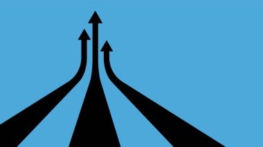 Üç siyah ok birleşiyor ve yukarı doğru düz mavi bir zemin üzerinde, büyümeyi ve başarıyı simgeliyor.