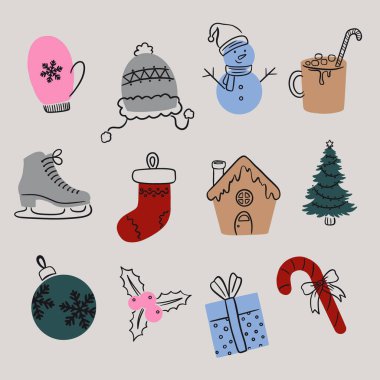 Doodle Biçimli Kış Vektörü Ayırıcı Elementler Ayarlandı