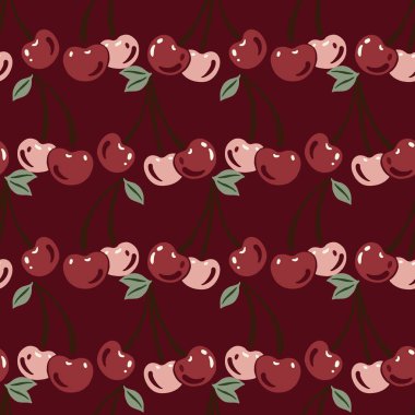 Kırmızı Arkaplan Vektöründeki Kirazlar Kusursuz Desen